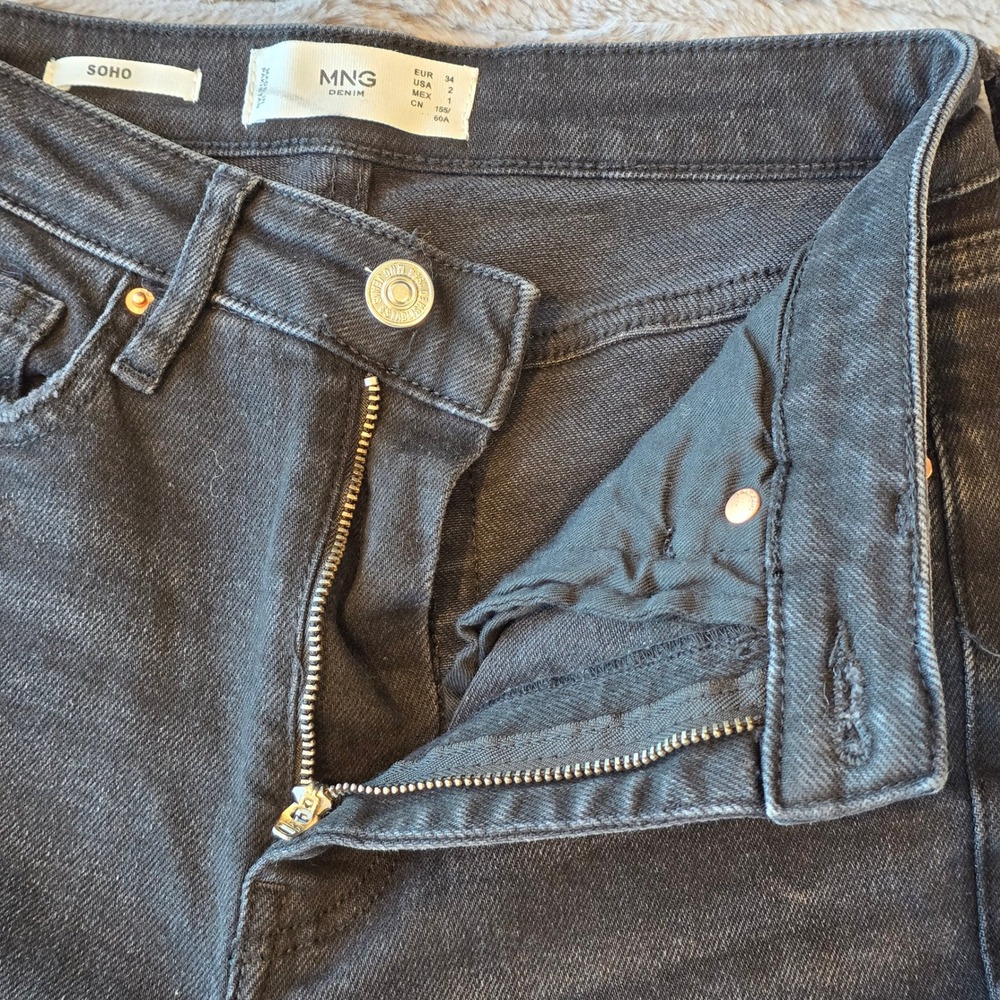 Mango Denim Soho Skinny Jeans Charcoal Black Womens Size 2 Distressed Pockets